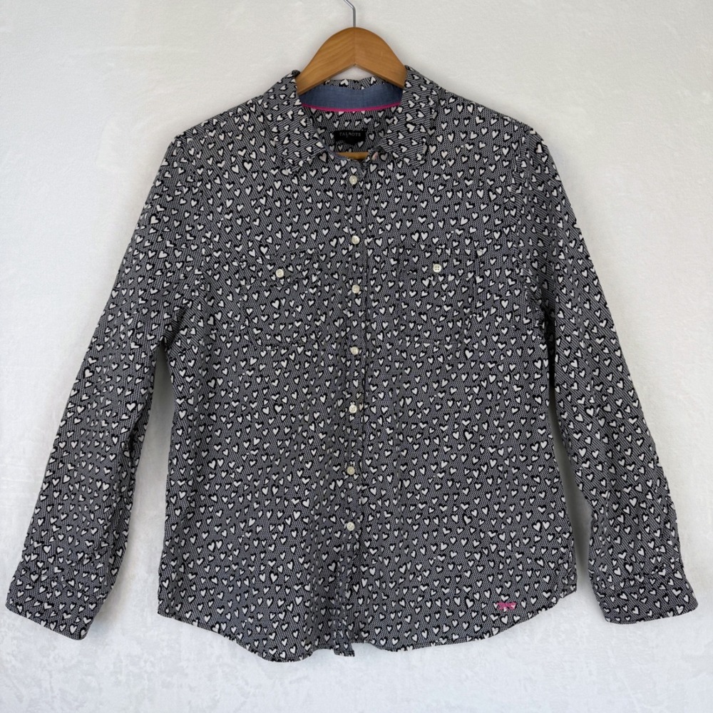 Talbots Petites Black White Heart Print Cotton Button‎ Down Shirt Size 16P